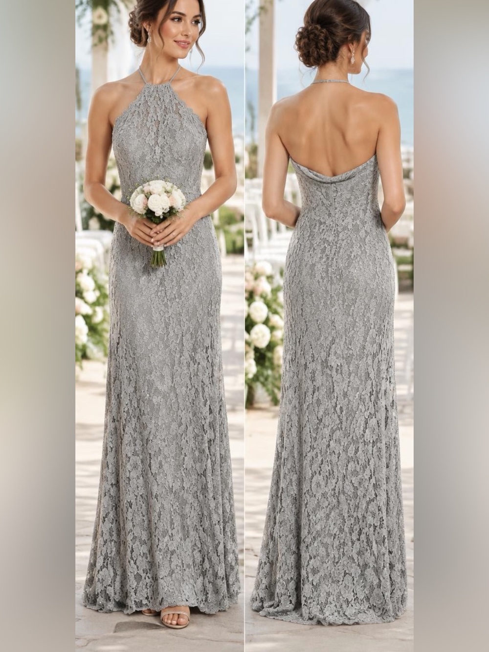 Hayley Paige Maxi Dress Womens Sz 8 Haze Corded Floral Lace Halter Hook & Loop